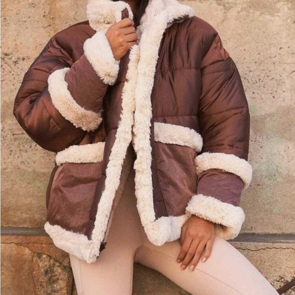 FP Movement by Free People Brown Puffer Jacket with Cream Sherpa Trim